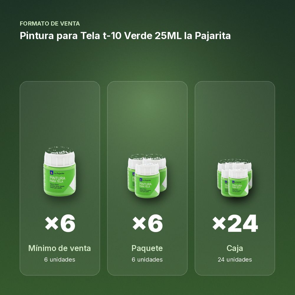 PINTURA PARA TELA T-10 VERDE 25ML LA PAJARITA - formato de venta: paquete de 6, caja de 24