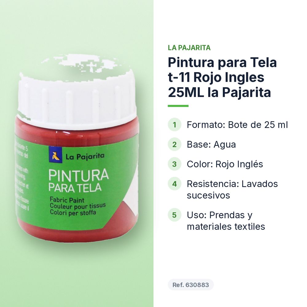 PINTURA PARA TELA T-11 ROJO INGLES 25ML LA PAJARITA - características principales