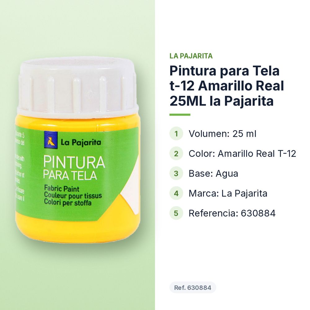 PINTURA PARA TELA T-12 AMARILLO REAL 25ML LA PAJARITA - características principales
