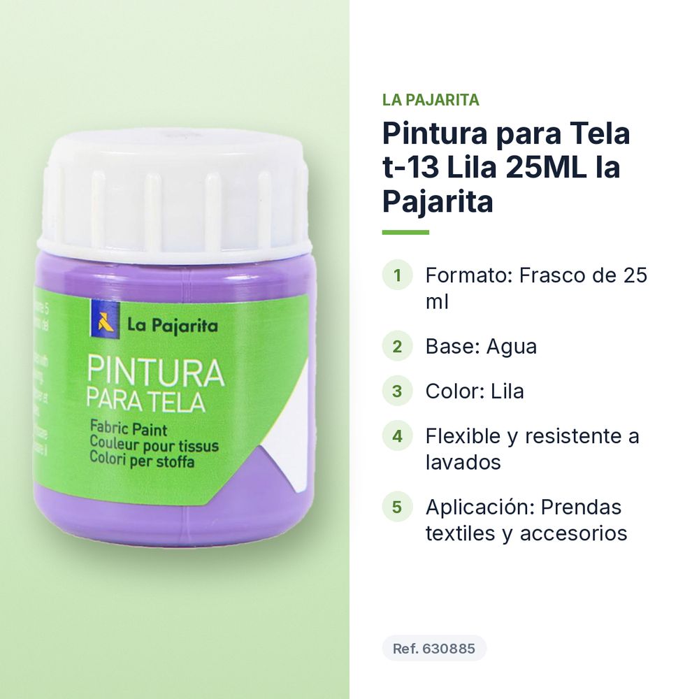 PINTURA PARA TELA T-13 LILA 25ML LA PAJARITA - características principales