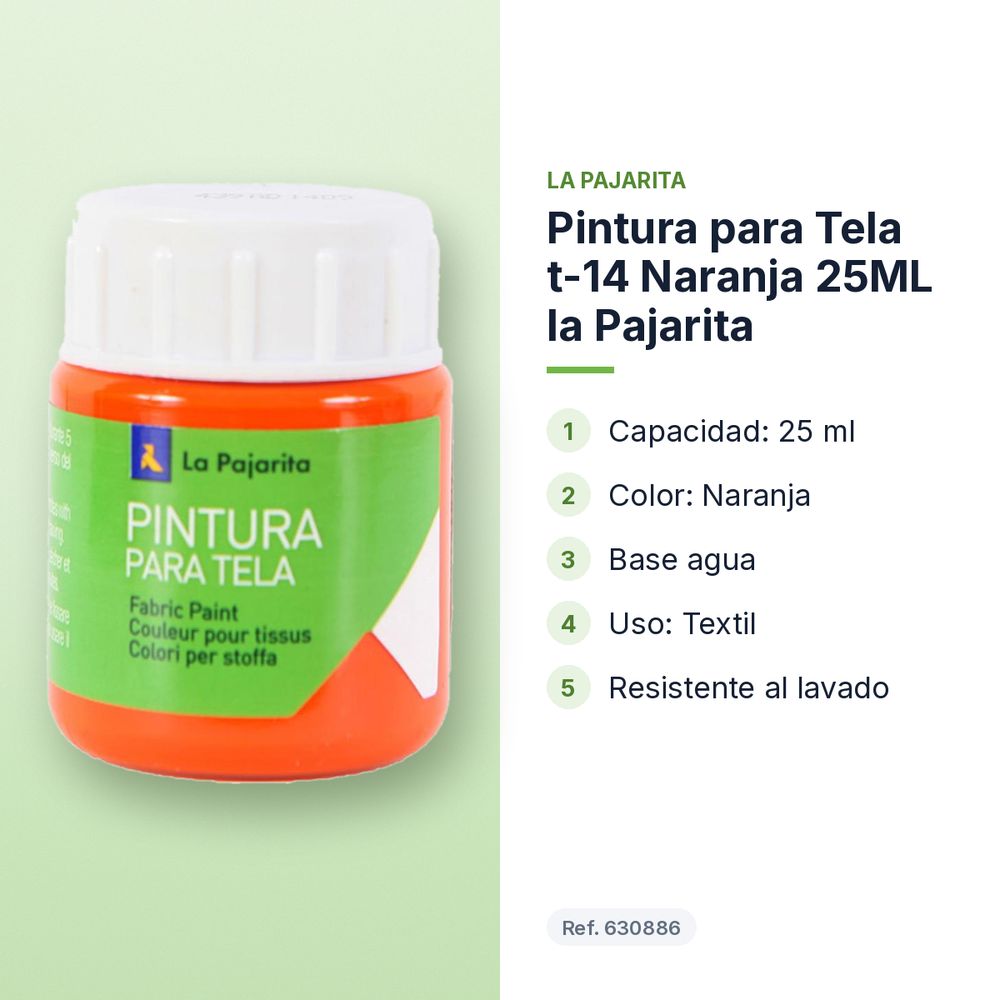 PINTURA PARA TELA T-14 NARANJA 25ML LA PAJARITA - características principales