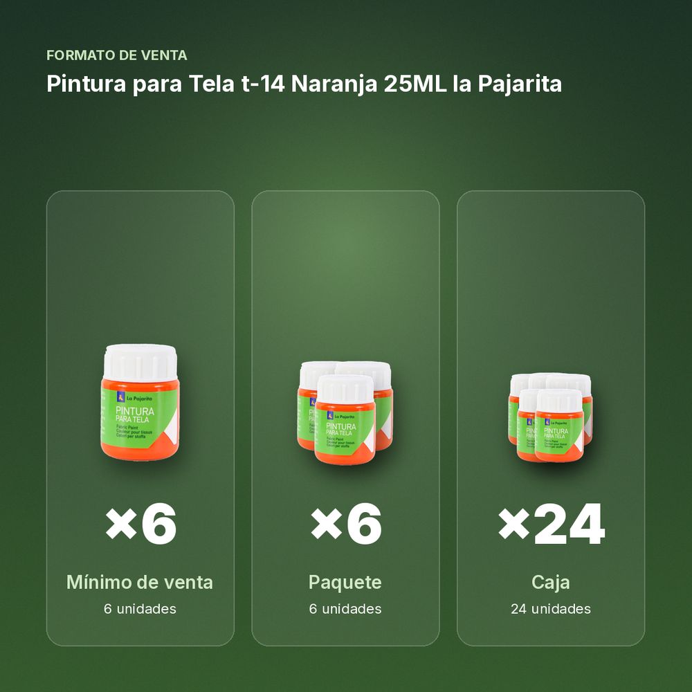 PINTURA PARA TELA T-14 NARANJA 25ML LA PAJARITA - formato de venta: paquete de 6, caja de 24