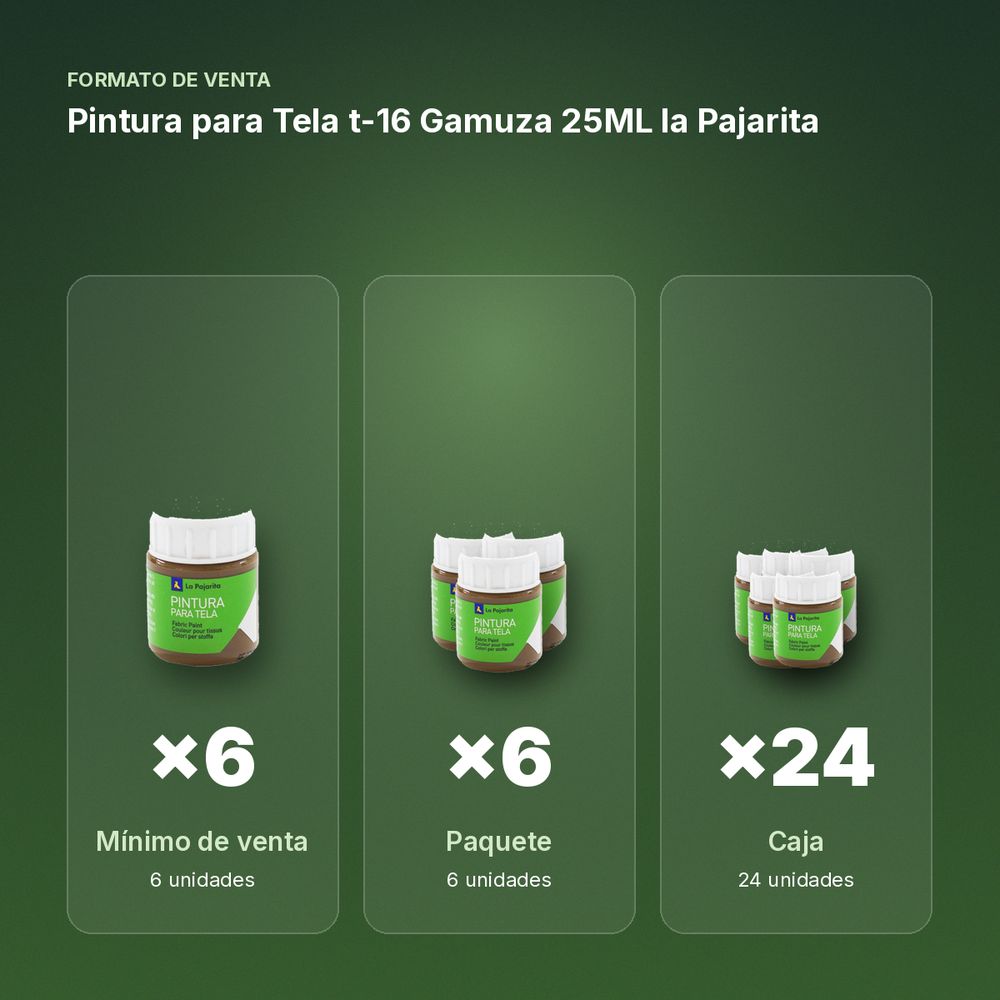 PINTURA PARA TELA T-16 GAMUZA 25ML LA PAJARITA - formato de venta: paquete de 6, caja de 24