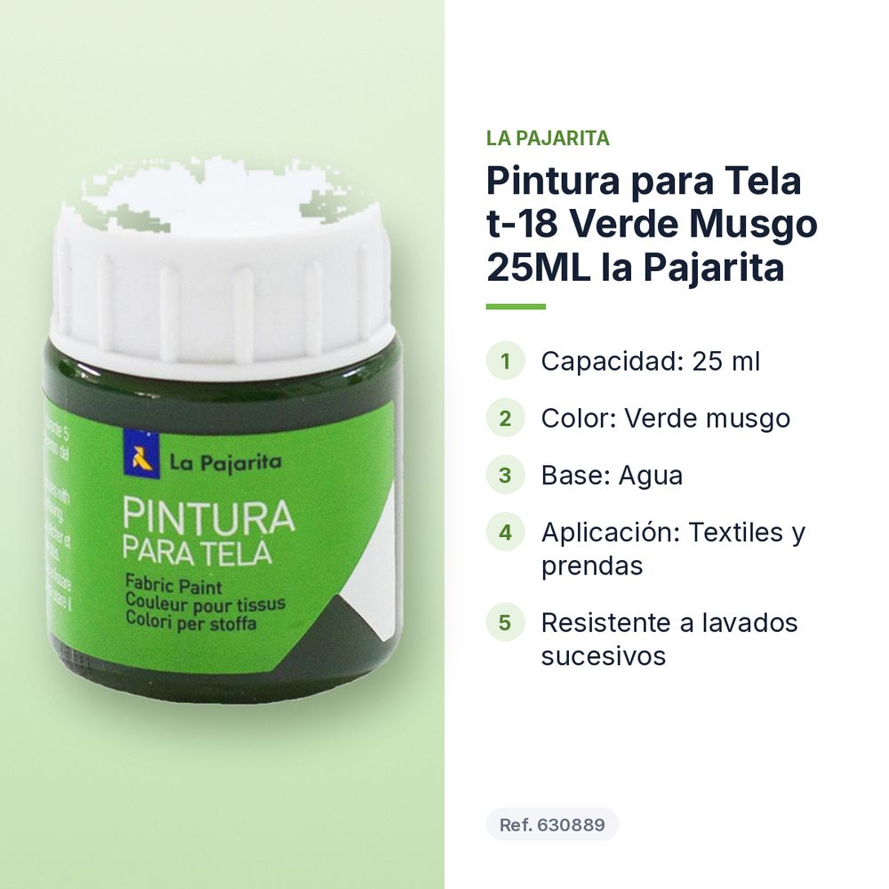 PINTURA PARA TELA T-18 VERDE MUSGO 25ML LA PAJARITA - características principales