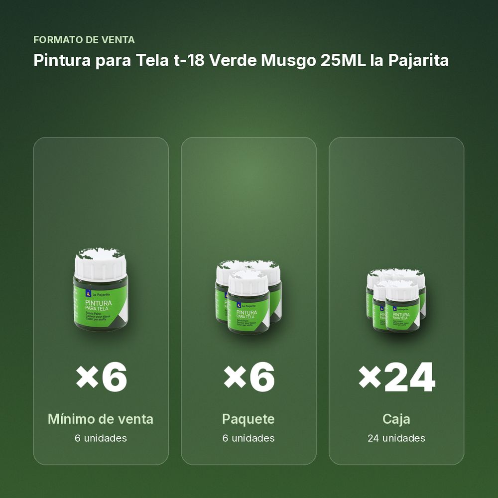 PINTURA PARA TELA T-18 VERDE MUSGO 25ML LA PAJARITA - formato de venta: paquete de 6, caja de 24