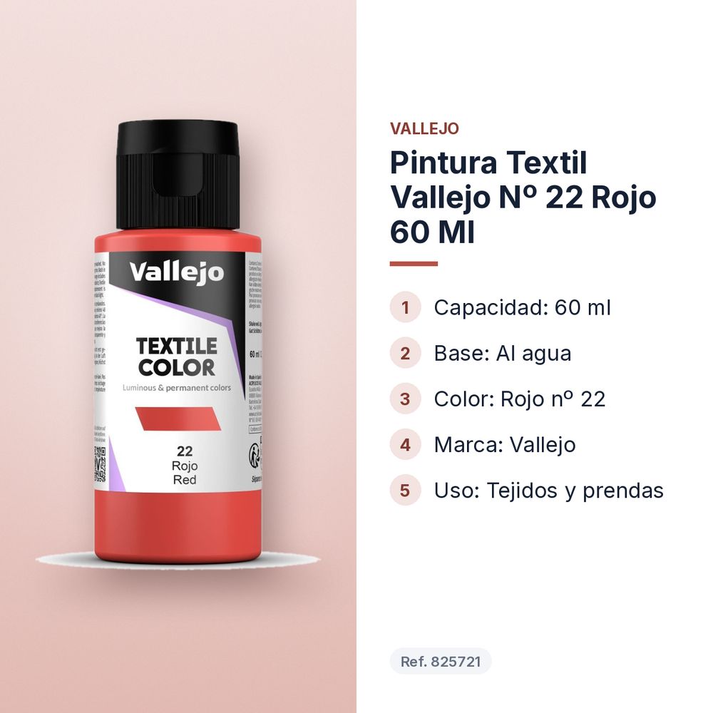 PINTURA TEXTIL VALLEJO Nº 22 ROJO 60 ML - características principales
