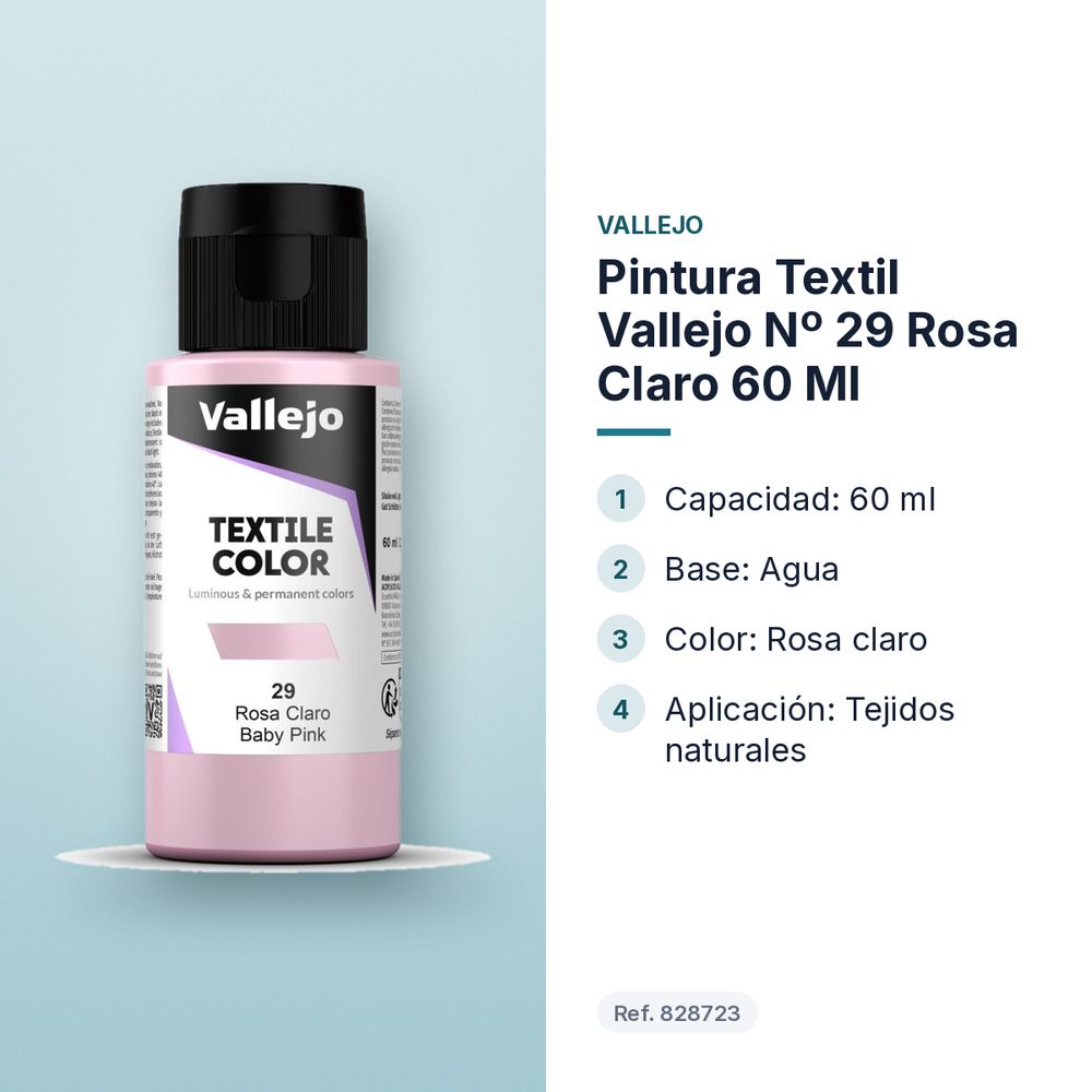 PINTURA TEXTIL VALLEJO Nº 29 ROSA CLARO 60 ML - características principales