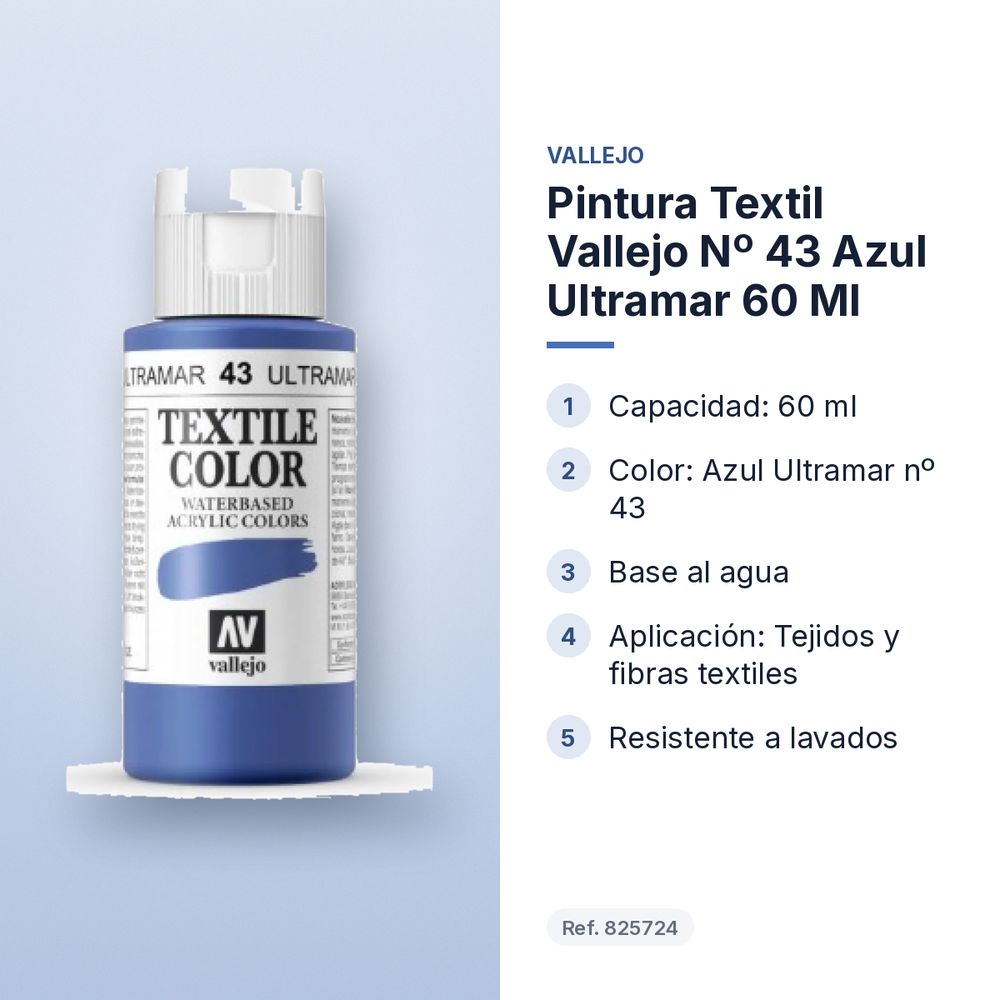 PINTURA TEXTIL VALLEJO Nº 43 AZUL ULTRAMAR 60 ML - características principales