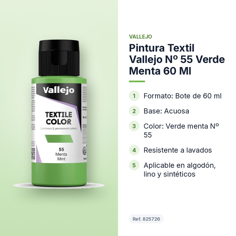 PINTURA TEXTIL VALLEJO Nº 55 VERDE MENTA 60 ML - características principales