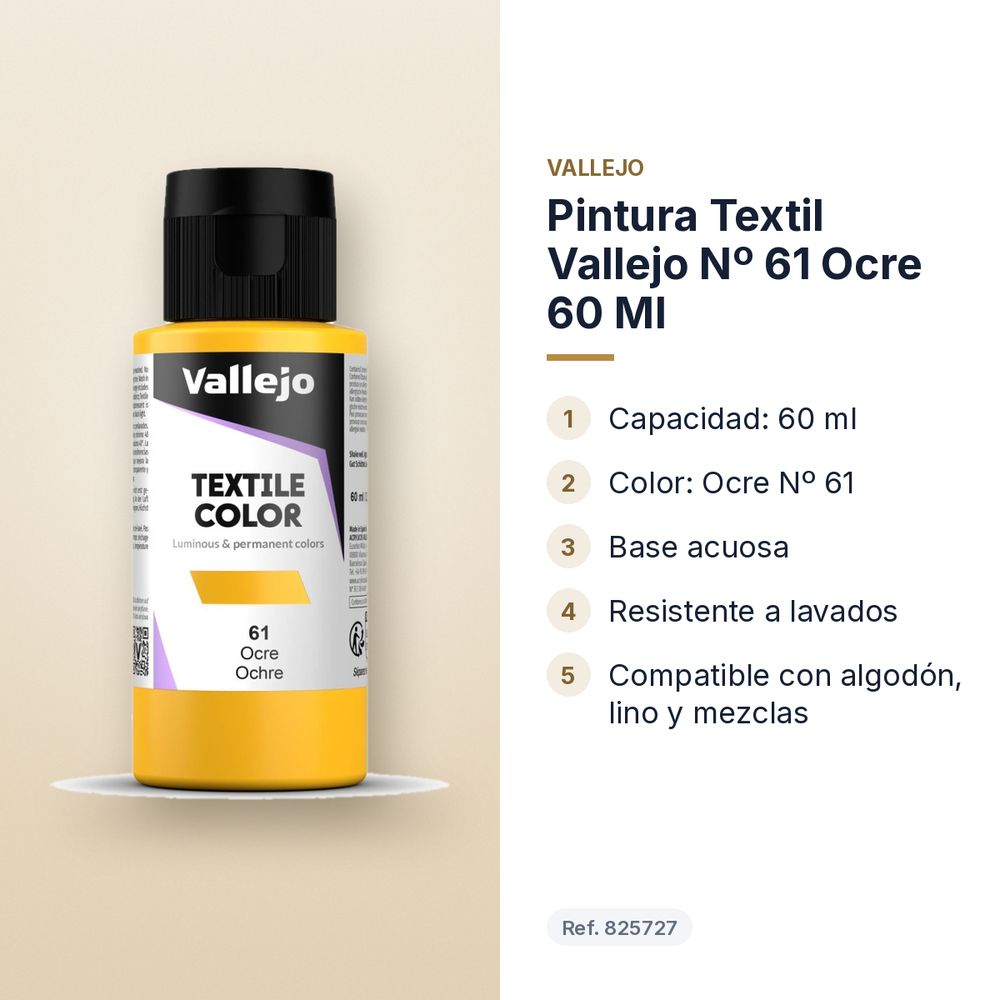 PINTURA TEXTIL VALLEJO Nº 61 OCRE 60 ML - características principales