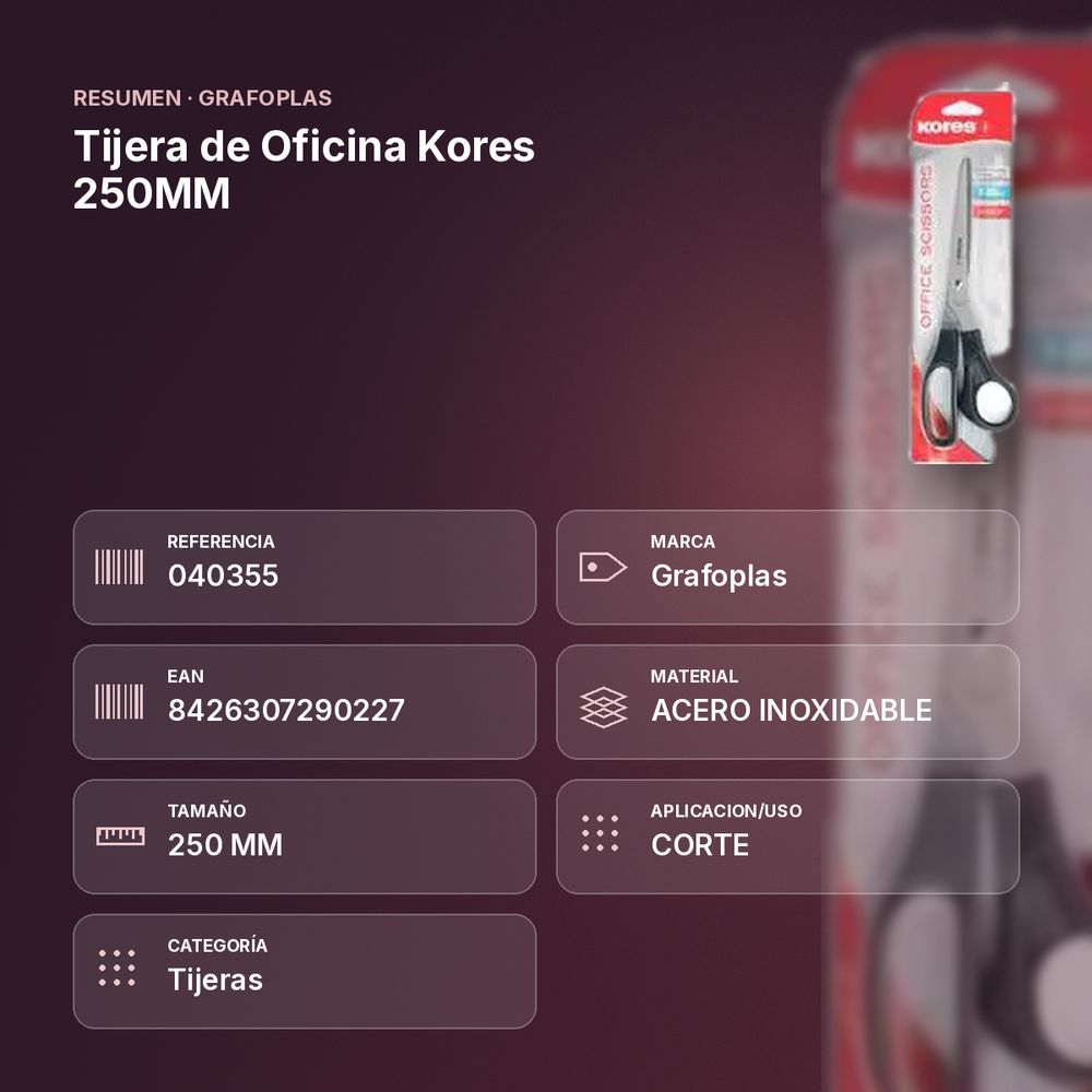 TIJERA DE OFICINA KORES 250MM - resumen de atributos