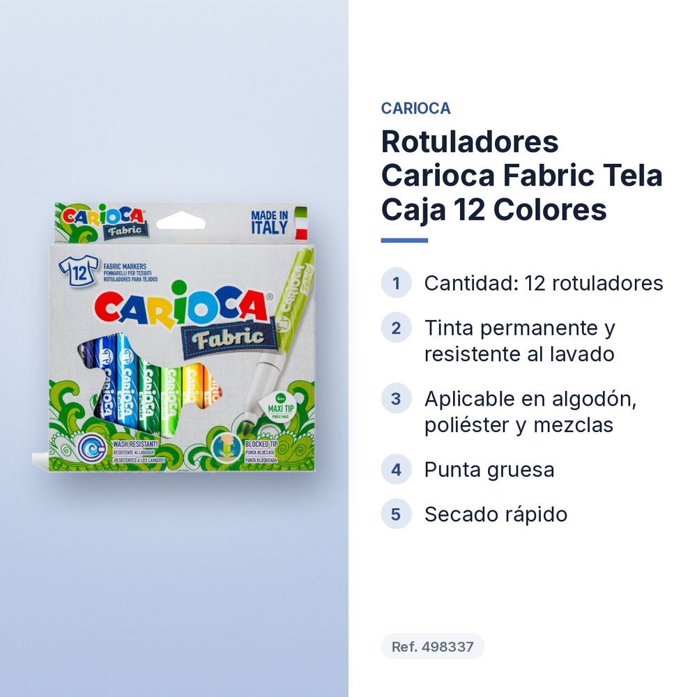 ROTULADORES CARIOCA FABRIC TELA CAJA 12 COLORES - características principales
