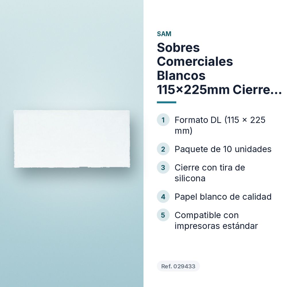 SOBRES COMERCIALES BLANCOS 115X225MM CIERRE TIRA SILICONA 10UD - características principales