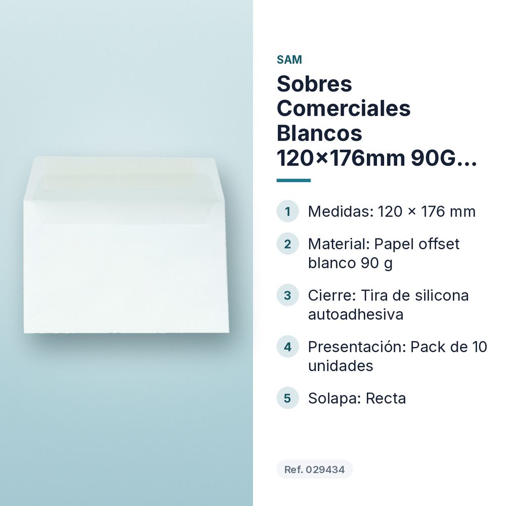 SOBRES COMERCIALES BLANCOS 120X176MM 90G CIERRE TIRA SILICONA SOLAPA RECTA 10 UDS - características principales