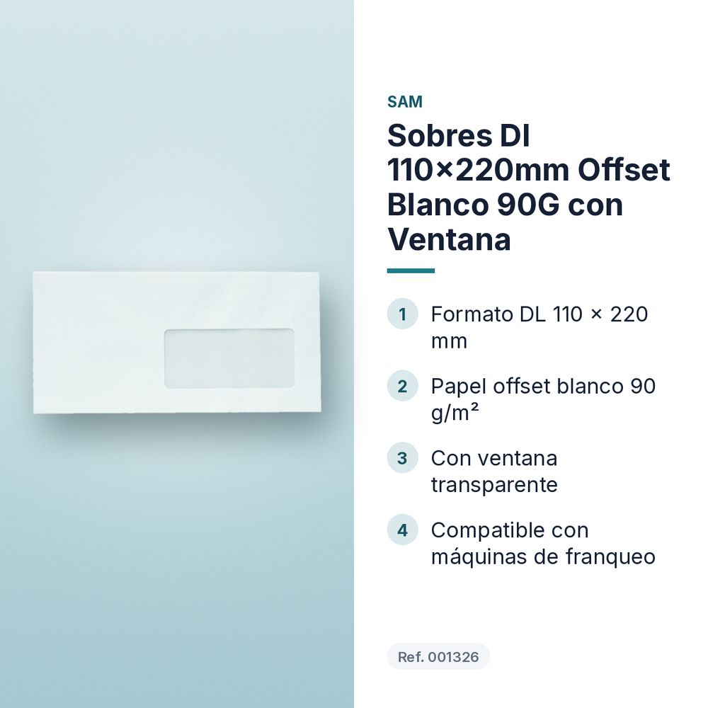 SOBRES DL 110X220MM OFFSET BLANCO 90G CON VENTANA - características principales