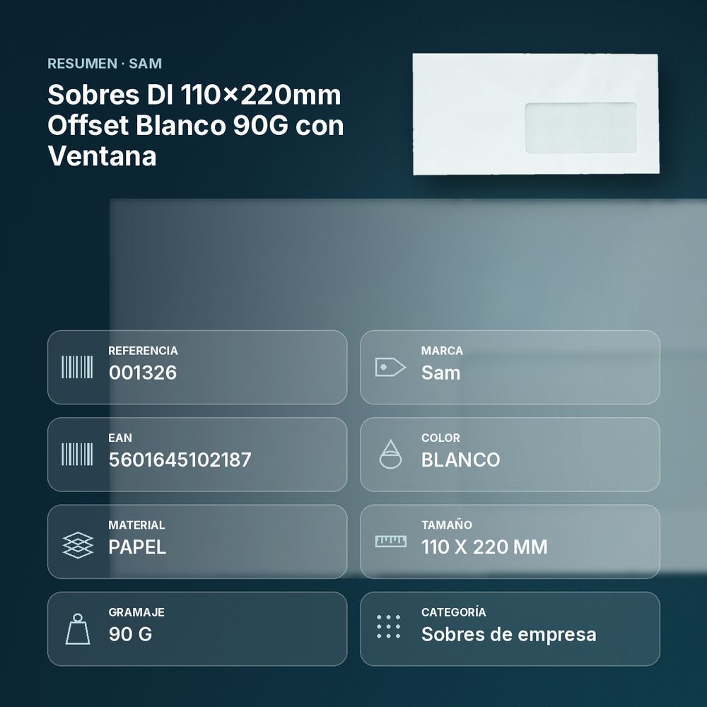 SOBRES DL 110X220MM OFFSET BLANCO 90G CON VENTANA - resumen de atributos