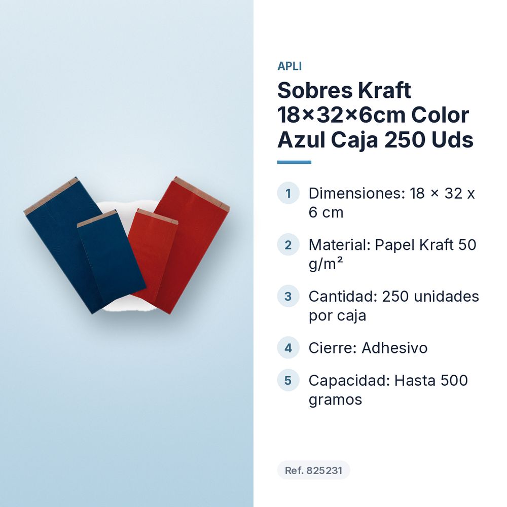 SOBRES KRAFT 18X32X6CM COLOR AZUL CAJA 250 UDS - características principales