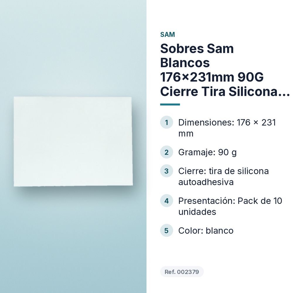 SOBRES SAM BLANCOS 176X231MM 90G CIERRE TIRA SILICONA 10 UDS - características principales