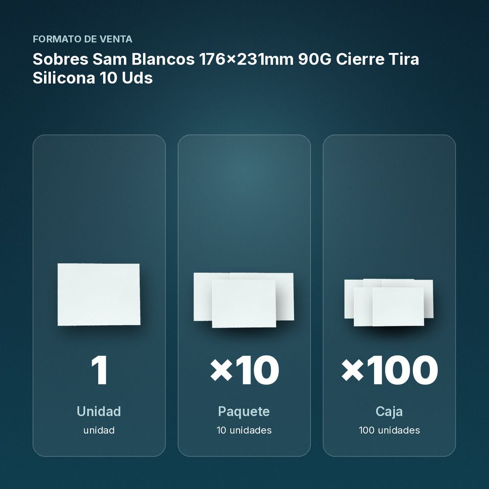 SOBRES SAM BLANCOS 176X231MM 90G CIERRE TIRA SILICONA 10 UDS - formato de venta: paquete de 10, caja de 100