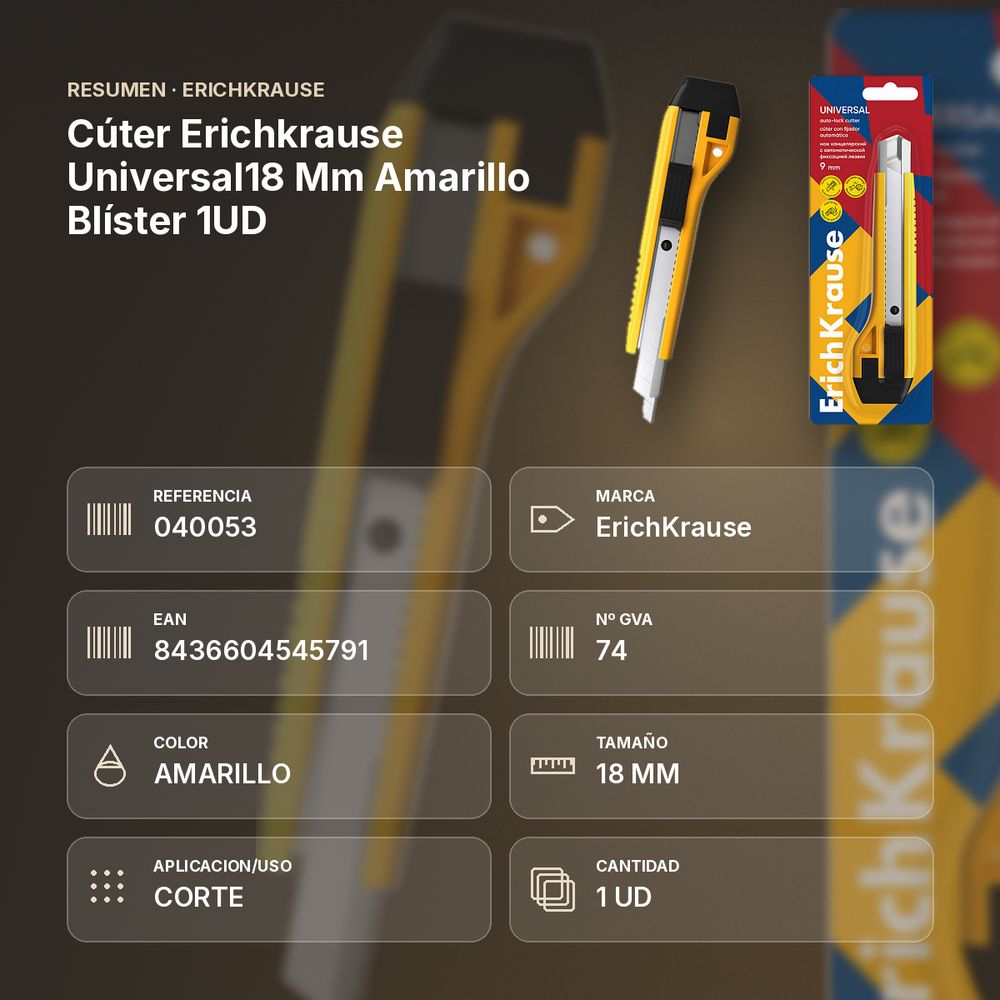 CÚTER ERICHKRAUSE UNIVERSAL18 MM AMARILLO BLÍSTER 1UD - resumen de atributos