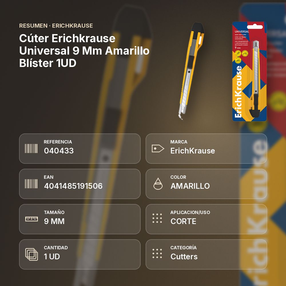 CÚTER ERICHKRAUSE UNIVERSAL 9 MM AMARILLO BLÍSTER 1UD - resumen de atributos