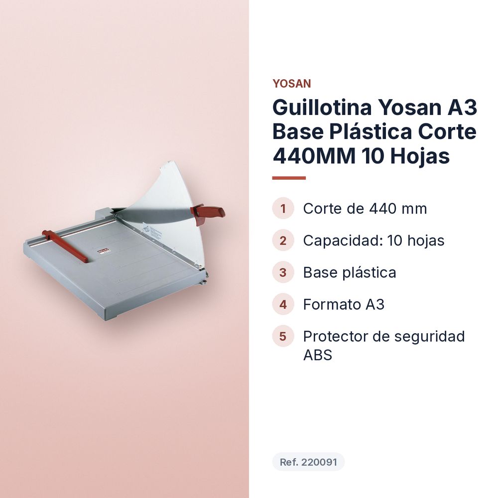 GUILLOTINA YOSAN A3 BASE PLÁSTICA CORTE 440MM 10 HOJAS - características principales