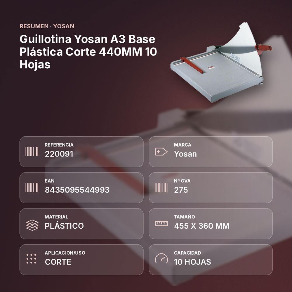 GUILLOTINA YOSAN A3 BASE PLÁSTICA CORTE 440MM 10 HOJAS - resumen de atributos