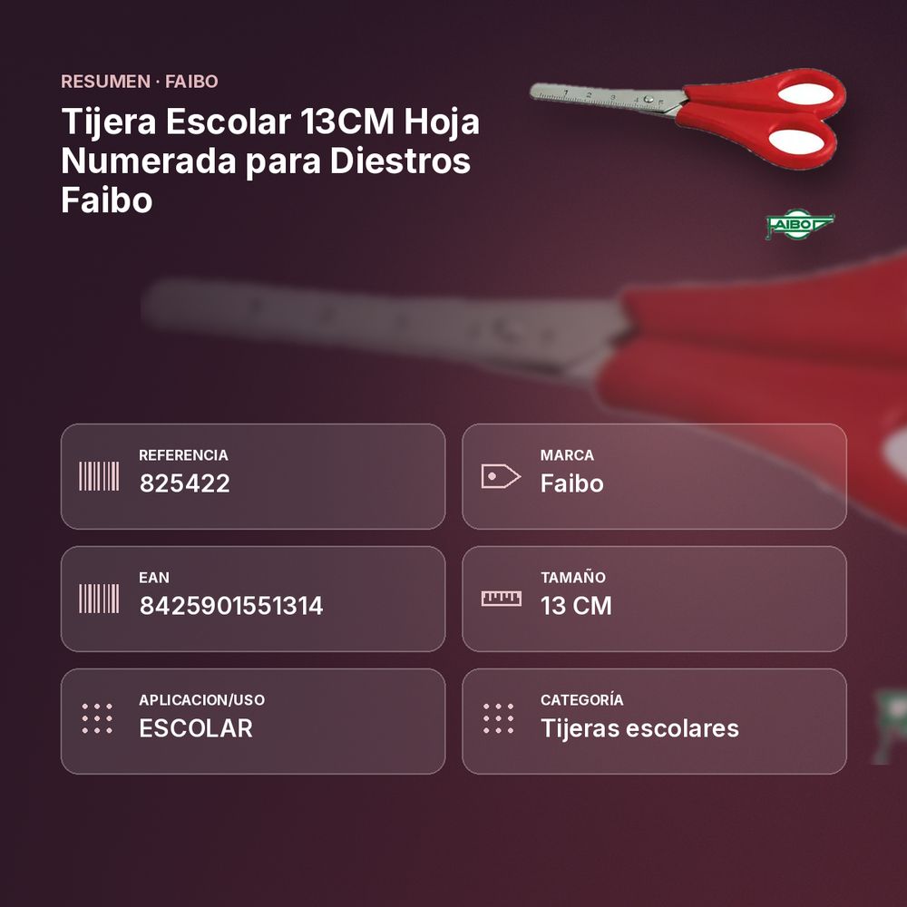 TIJERA ESCOLAR 13CM HOJA NUMERADA PARA DIESTROS FAIBO - resumen de atributos