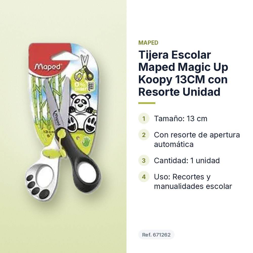 TIJERA ESCOLAR MAPED MAGIC UP KOOPY 13CM CON RESORTE  UNIDAD - características principales