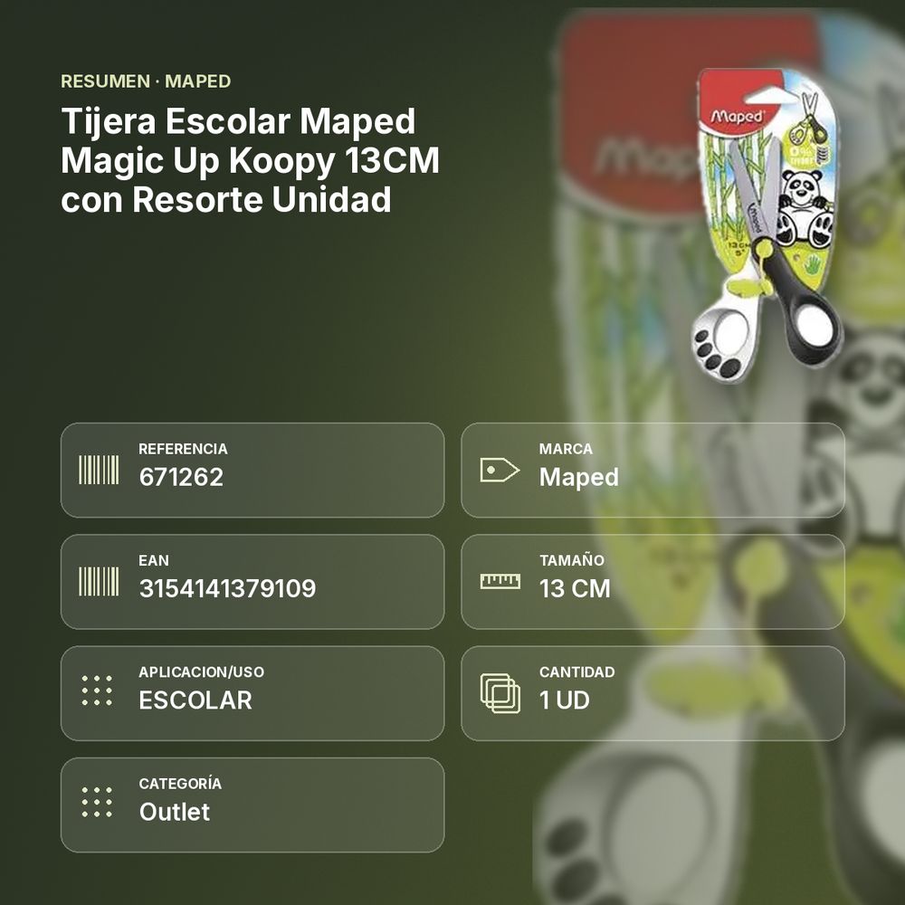 TIJERA ESCOLAR MAPED MAGIC UP KOOPY 13CM CON RESORTE  UNIDAD - resumen de atributos