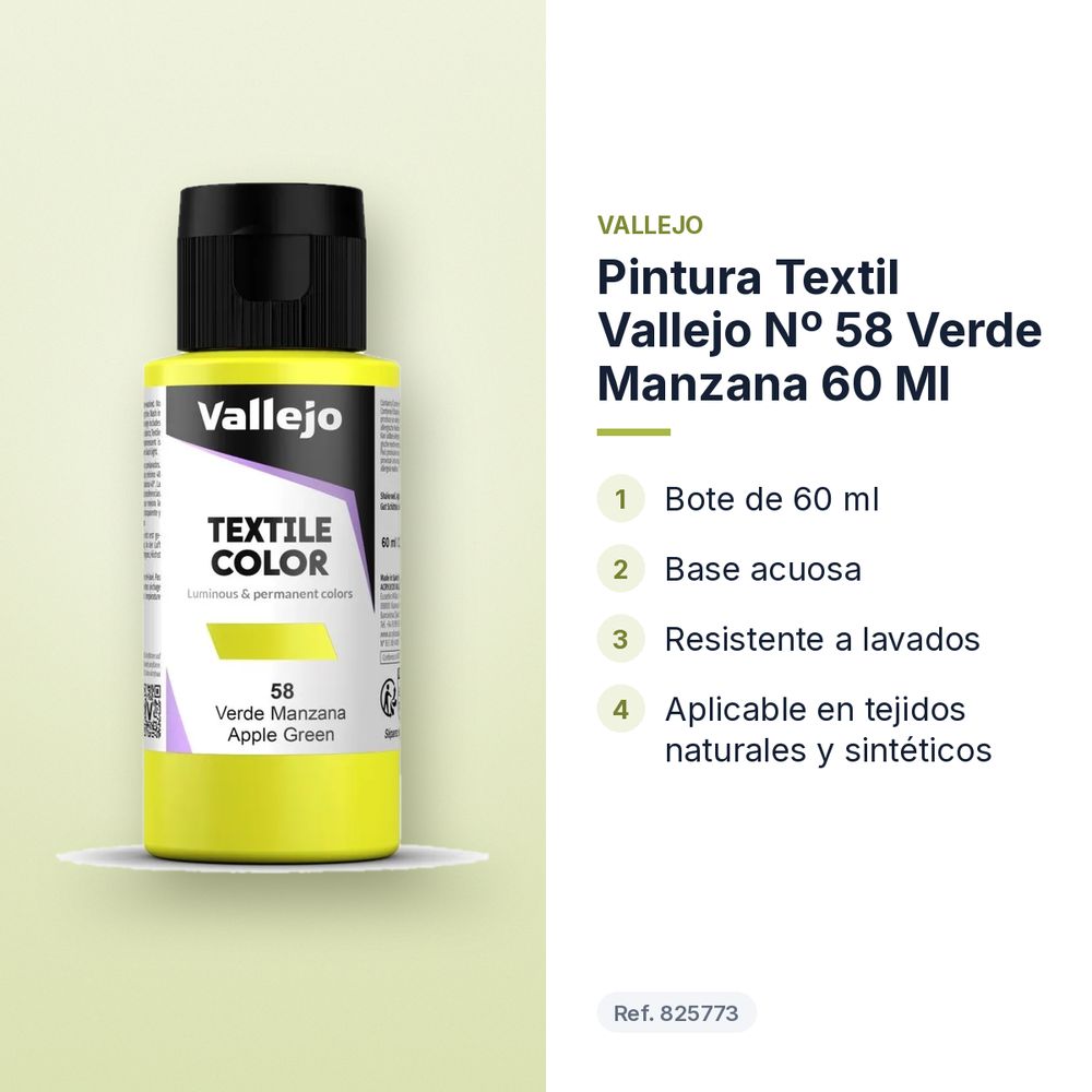 PINTURA TEXTIL VALLEJO Nº 58 VERDE MANZANA 60 ML - características principales