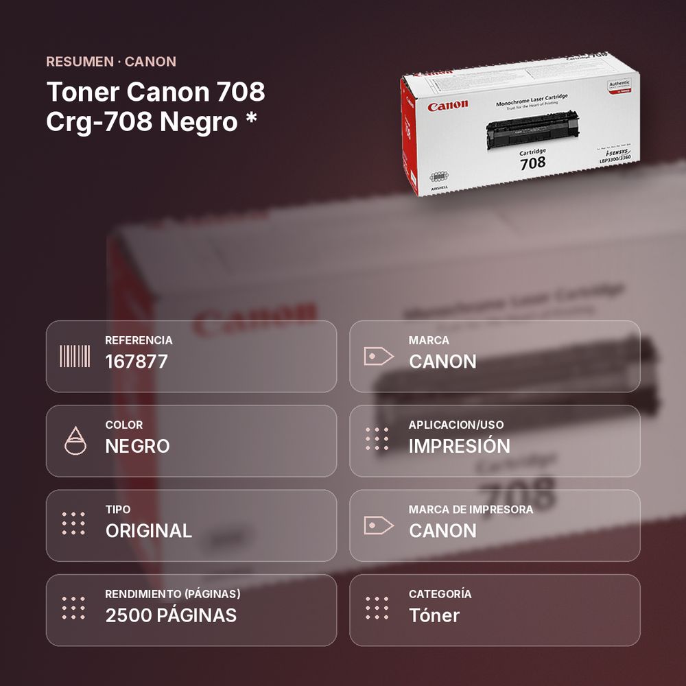 TONER CANON 708 CRG-708 NEGRO   * - resumen de atributos