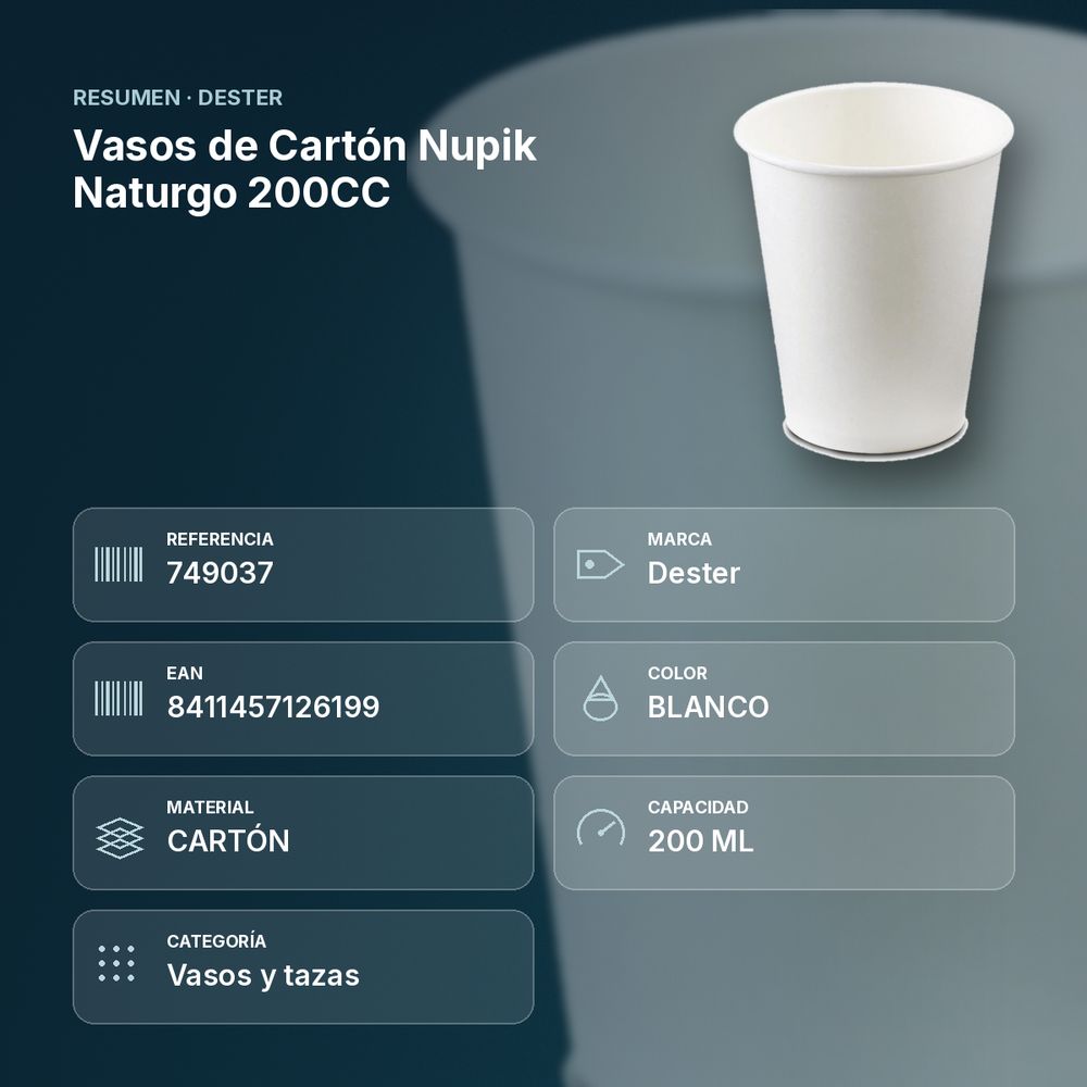 VASOS DE CARTÓN NUPIK NATURGO 200CC - resumen de atributos
