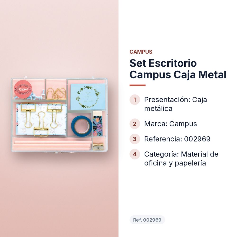 SET ESCRITORIO CAMPUS CAJA METAL - características principales