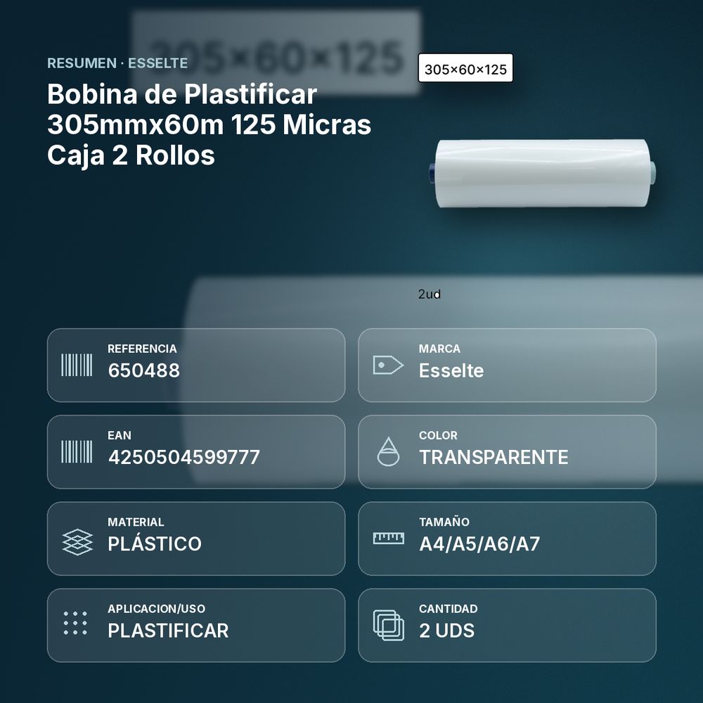 BOBINA DE PLASTIFICAR 305MMX60M 125 MICRAS CAJA 2 ROLLOS - resumen de atributos