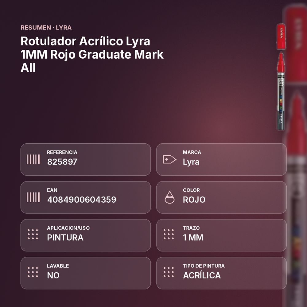 ROTULADOR ACRÍLICO LYRA 1MM ROJO GRADUATE MARK ALL - resumen de atributos