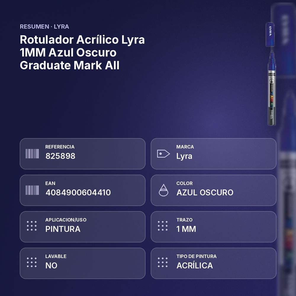 ROTULADOR ACRÍLICO LYRA 1MM AZUL OSCURO GRADUATE MARK ALL - resumen de atributos