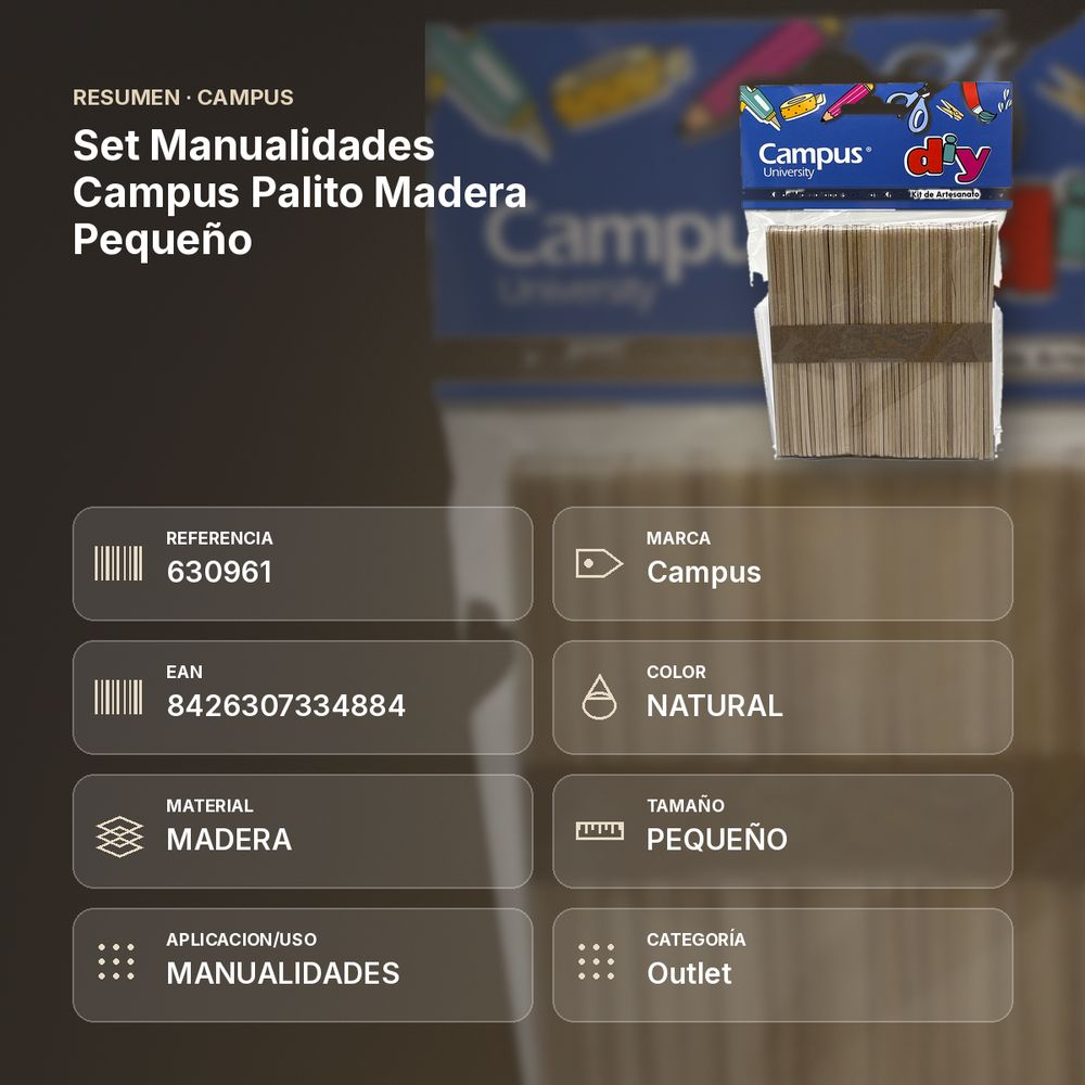 SET MANUALIDADES CAMPUS PALITO MADERA PEQUEÑO - resumen de atributos
