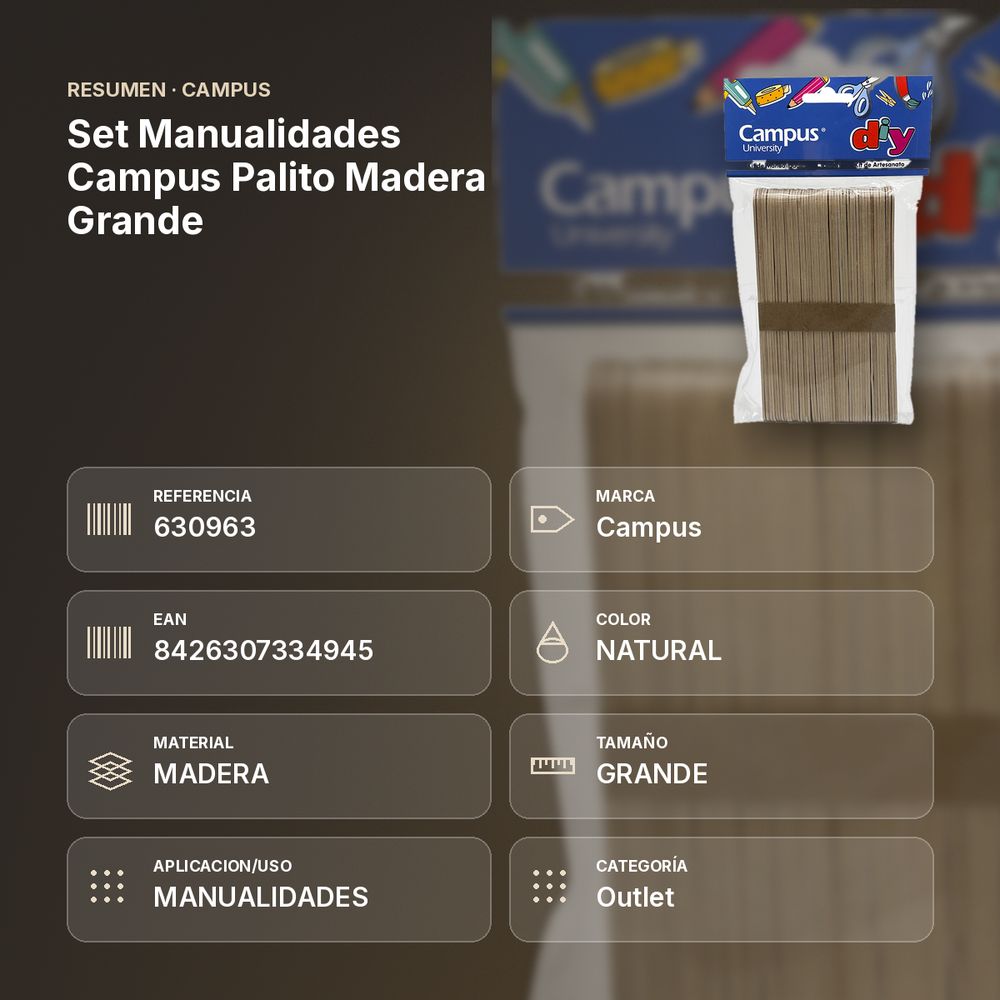 SET MANUALIDADES CAMPUS PALITO MADERA GRANDE - resumen de atributos