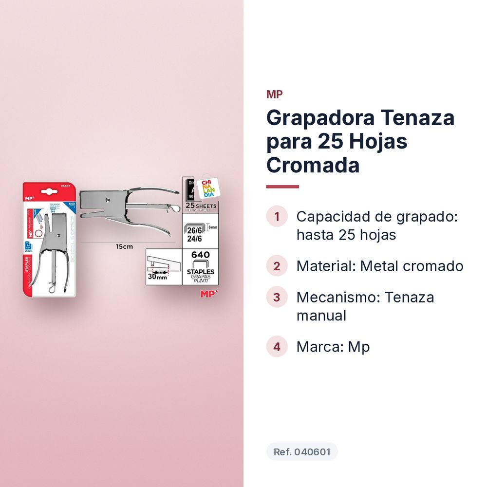 GRAPADORA TENAZA PARA 25 HOJAS CROMADA - características principales