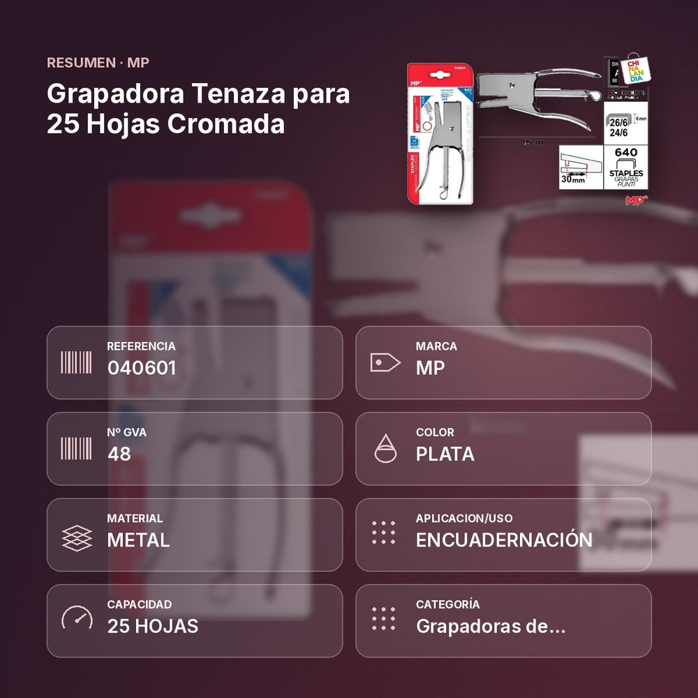 GRAPADORA TENAZA PARA 25 HOJAS CROMADA - resumen de atributos