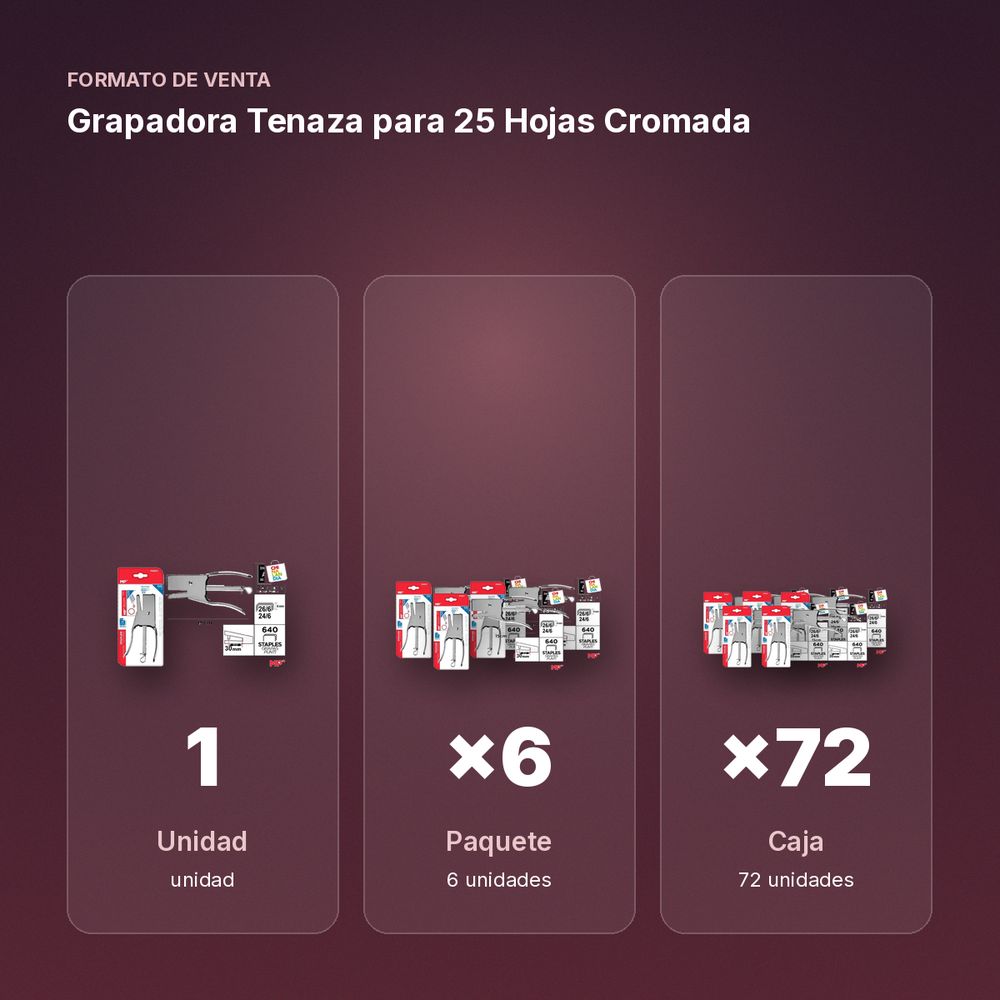 GRAPADORA TENAZA PARA 25 HOJAS CROMADA - formato de venta: paquete de 6, caja de 72