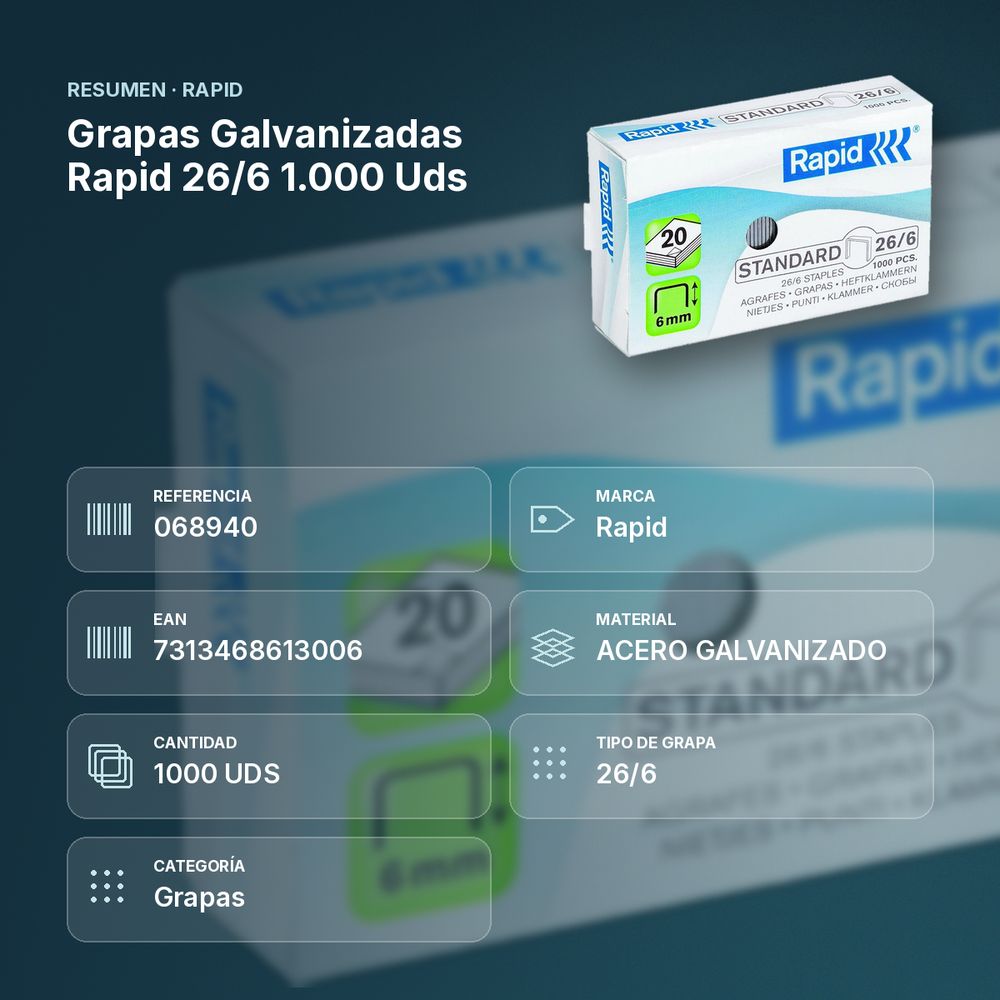 GRAPAS GALVANIZADAS RAPID 26/6 1.000 UDS - resumen de atributos
