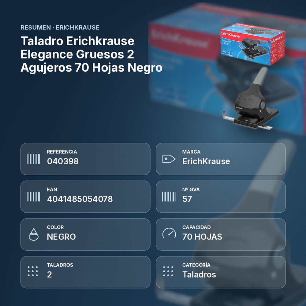 TALADRO ERICHKRAUSE ELEGANCE GRUESOS 2 AGUJEROS 70 HOJAS NEGRO  - resumen de atributos