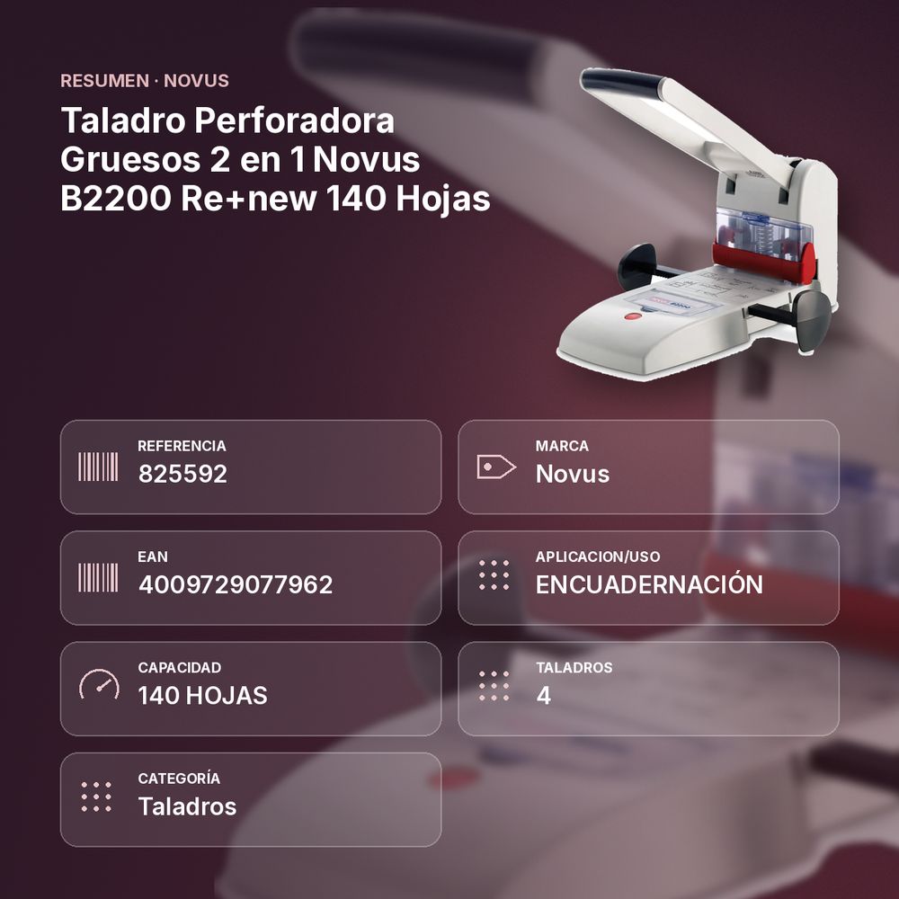 TALADRO PERFORADORA GRUESOS 2 EN 1 NOVUS B2200 RE+NEW 140 HOJAS - resumen de atributos
