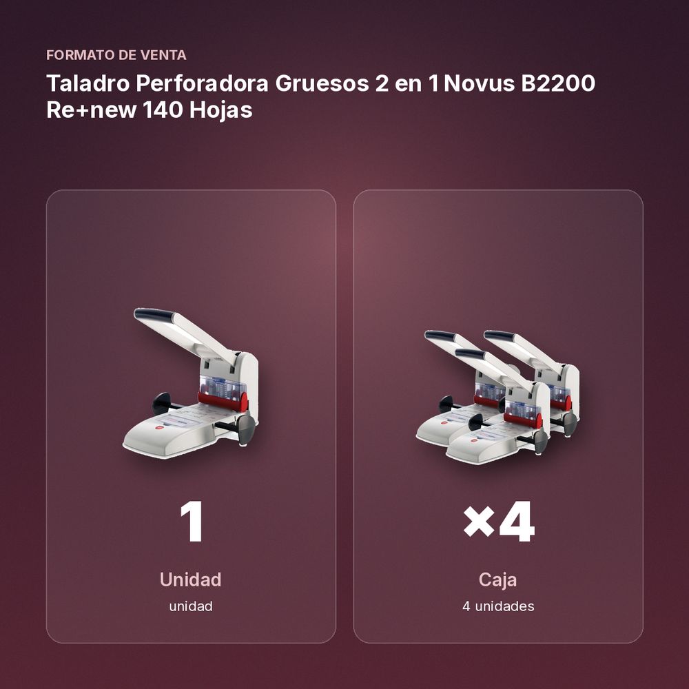 TALADRO PERFORADORA GRUESOS 2 EN 1 NOVUS B2200 RE+NEW 140 HOJAS - formato de venta: caja de 4