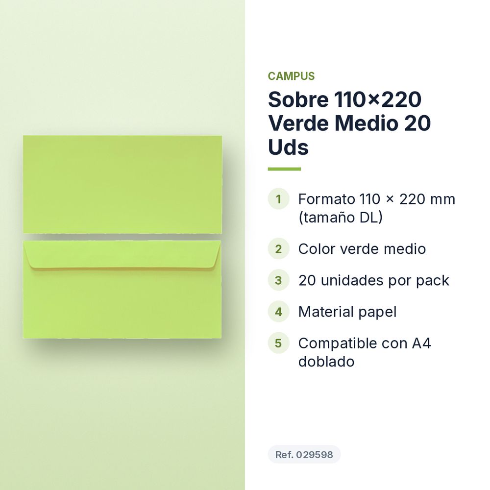 SOBRE 110X220 VERDE MEDIO 20 UDS - características principales
