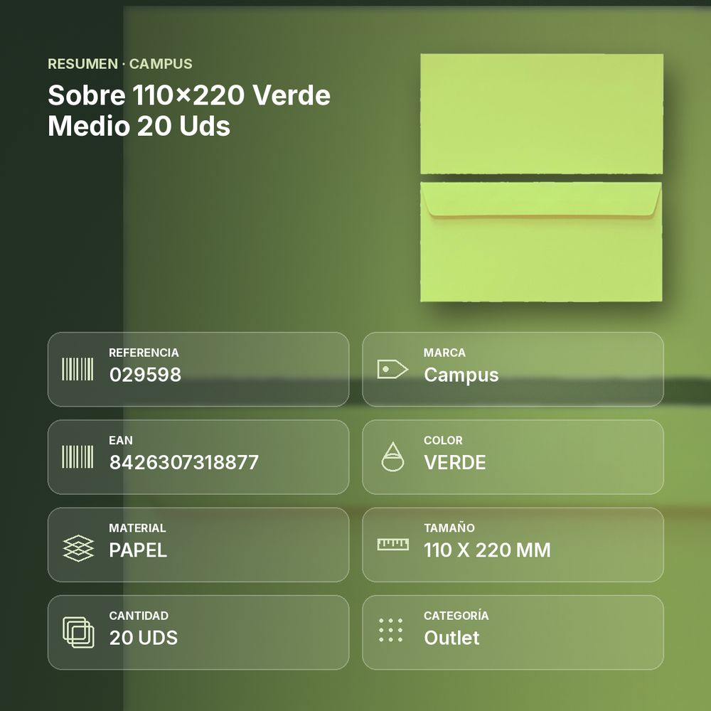 SOBRE 110X220 VERDE MEDIO 20 UDS - resumen de atributos