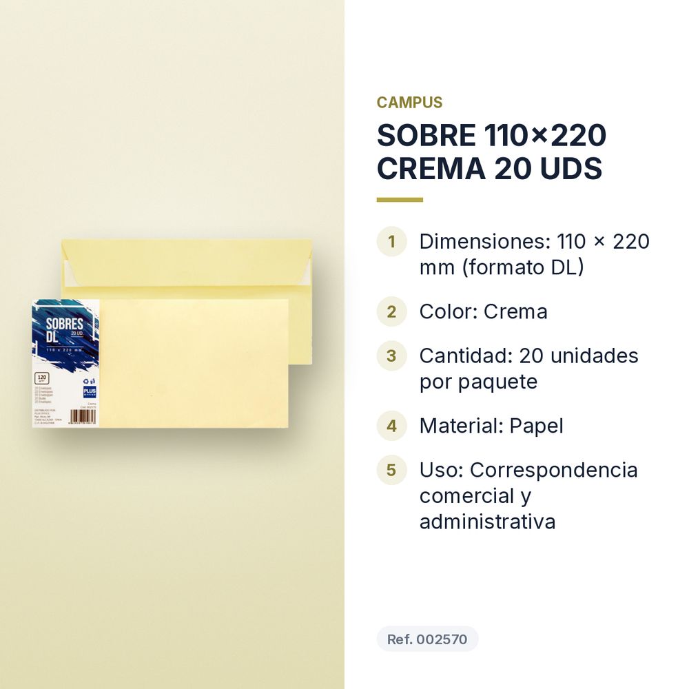 SOBRE 110x220 CREMA 20 UDS - características principales