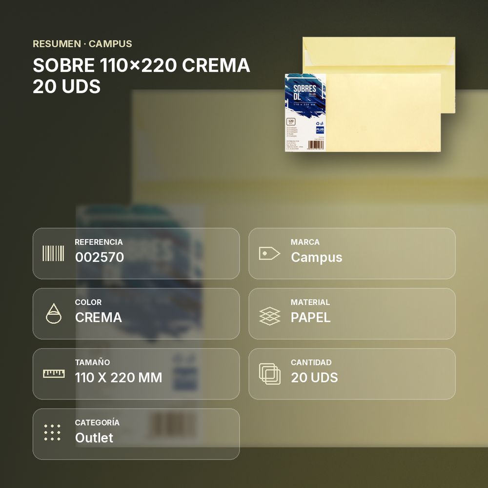 SOBRE 110x220 CREMA 20 UDS - resumen de atributos